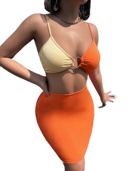 

sxy colorblock ring detail cami bodycon dress b3tn#, Black;gray