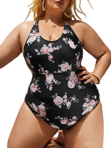 

plus floral print crisscross back one piece swimsuit b82k#, White;black