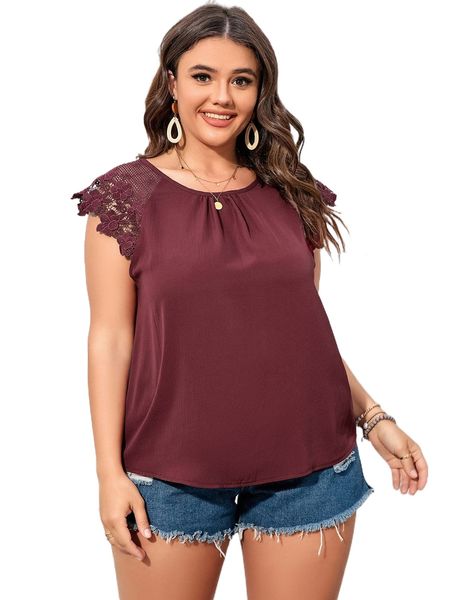 

plus solid contrast lace raglan sleeve blouse h8dn#, Black