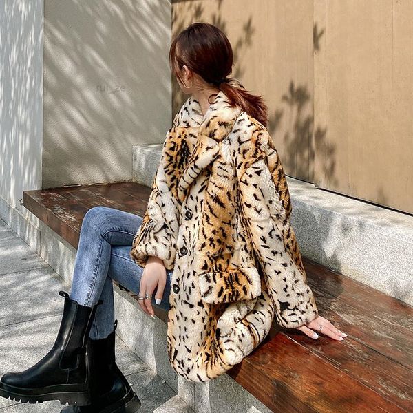 

fur & women's faux classic leopard print suit collar imported whole skin rex grass coat middle and long luxury clothes, Black