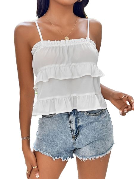 

petite solid frill ruffle trim cami d84y#, White