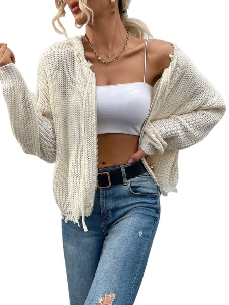 

distressed zip up drop shoulder drawstring hooded cardigan d81y#, White;black
