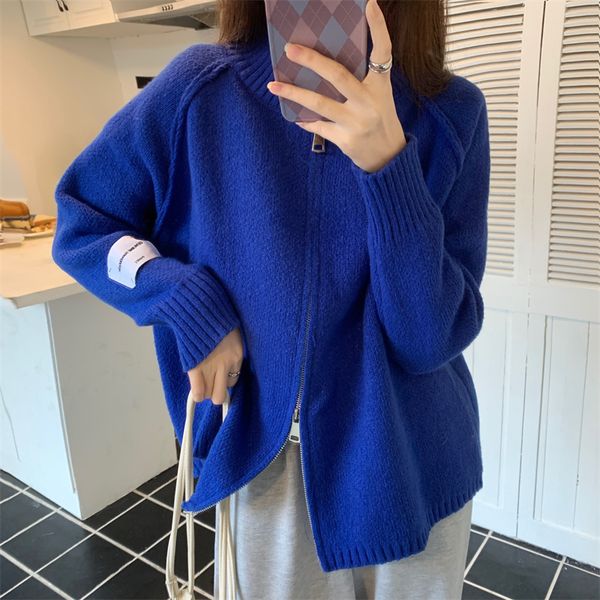 

2022 new arrival korean style autumn winter women casual loose long sleeve o-neck pullover polyester zipper sweaters v397, White;black