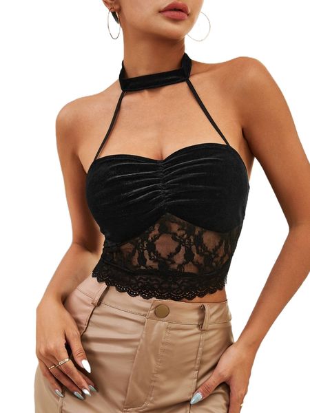 

ruched bust lace insert velvet halter m9db#, White