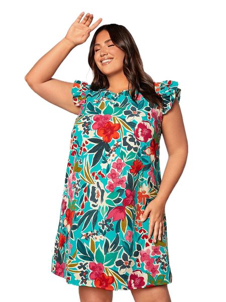 

plus floral print ruffle trim tunic dress i4nz#, Black
