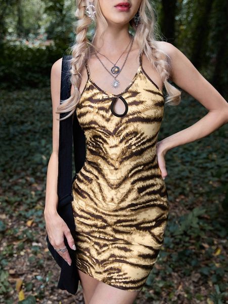 

tiger skin print crisscross back cut out front cami dress 36b6#, Black;gray