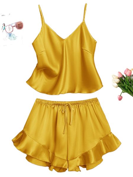 

satin cami & ruffle trim shorts pj set z9en#, Black;red