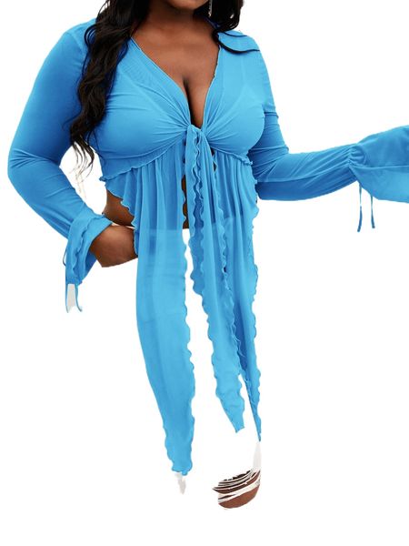 

plus tie front draped bell sleeve sheer f74m#, Black