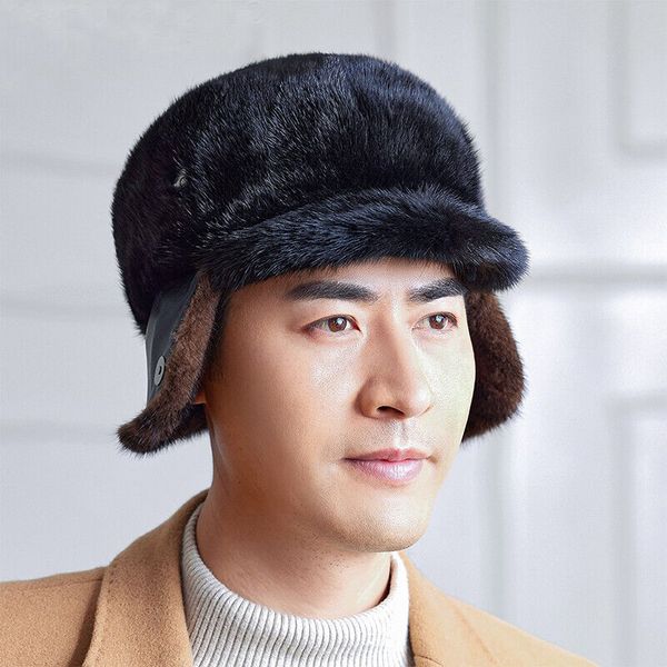 

men's winter fur hat real mink warm peaked cap earflaps earmuffs black brown, Blue;gray
