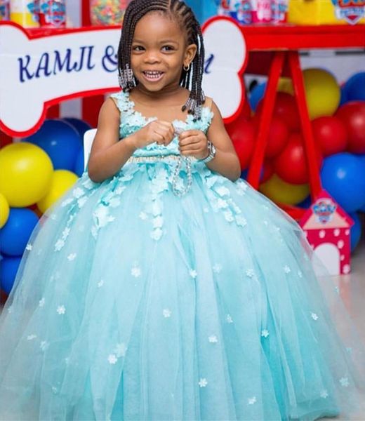 

2022 lovely flower girls dresses for weddings jewel neck tulle handmade flowers sleeveless big bow princess kids birthday girl pageant gowns, White;blue