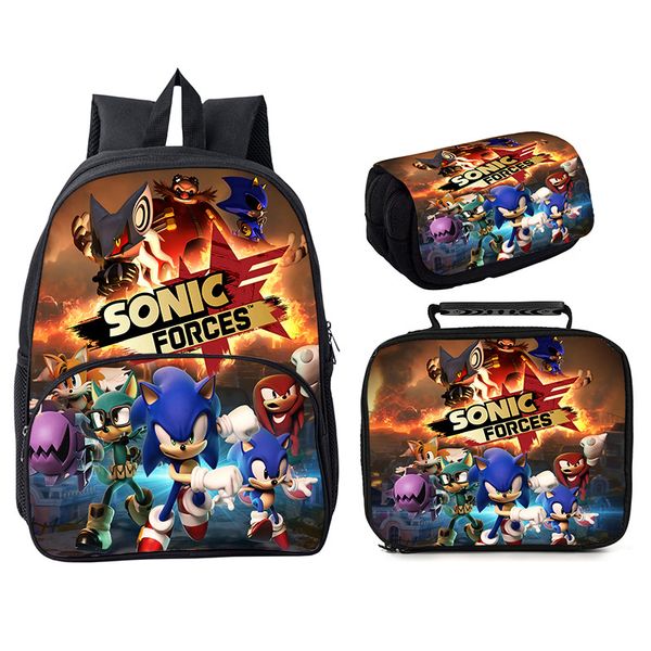 

2022 new sonic backpack sonic school bag three-piece set 16 inch round bag schoolbag meal bag pencil case