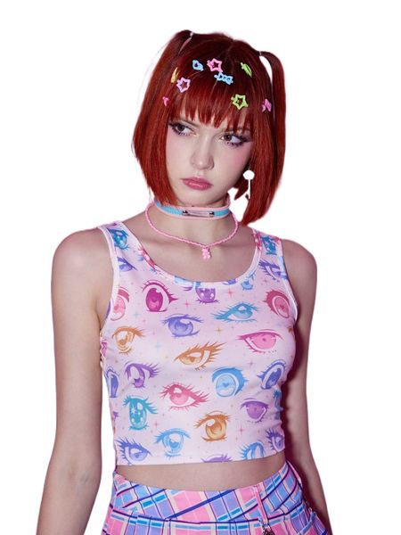 

romwe anime eye print crop tank u35c#, White