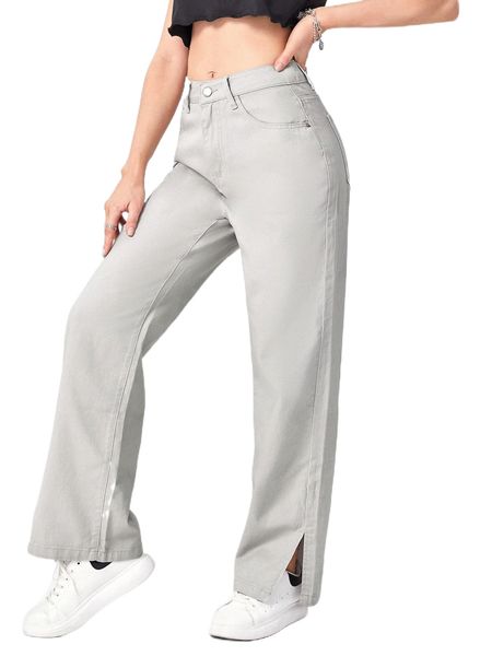 

split hem straight leg jeans r4tl#, Blue