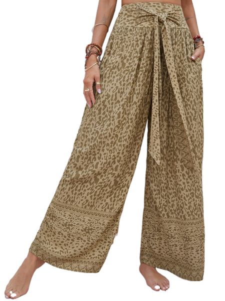 

rusttydustty high waist leopard knot front wide leg pants o3gh#, Black;white