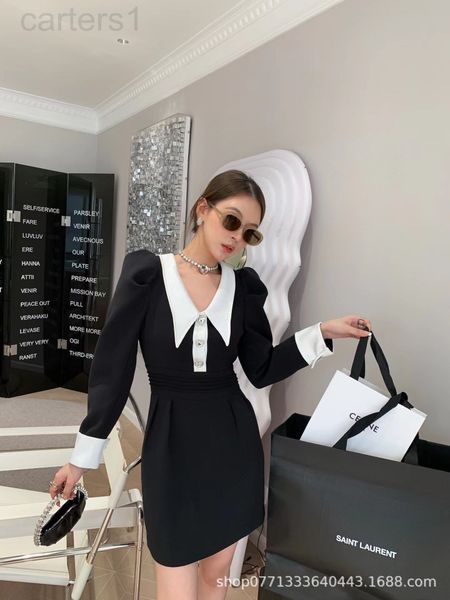 

casual dresses designer chaopai 22 early spring new light luxury niche stitching satin collar bubble sleeve love diamond button dress women, Black;gray