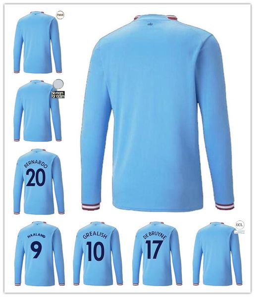 

22 23 de bruyne sterling long sleeve mens soccer jerseys bernardo ferran mahrez stones home away football shirt uniforms, Black;yellow