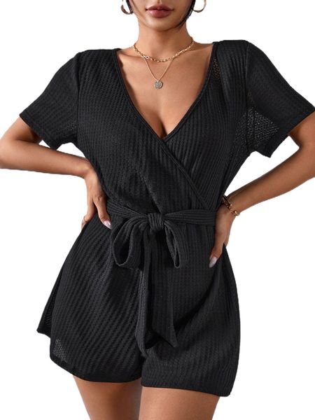

waffle knit surplice neck belted romper c24n#, Black;white