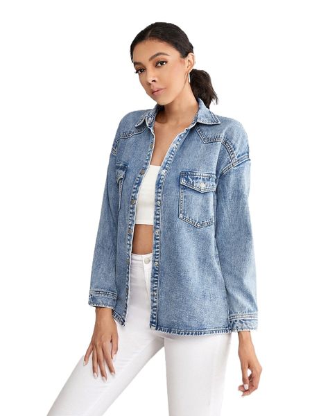 

drop shoulder flap pocket denim jacket 77ne#, Black;brown