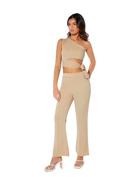 

one shoulder knot side & seam flare leg pants i99q#, White