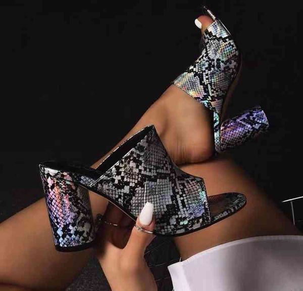 

new women's shoes snake pattern thick high-heeled sandals wear versatile slippers lzlz-36 outlet, Black