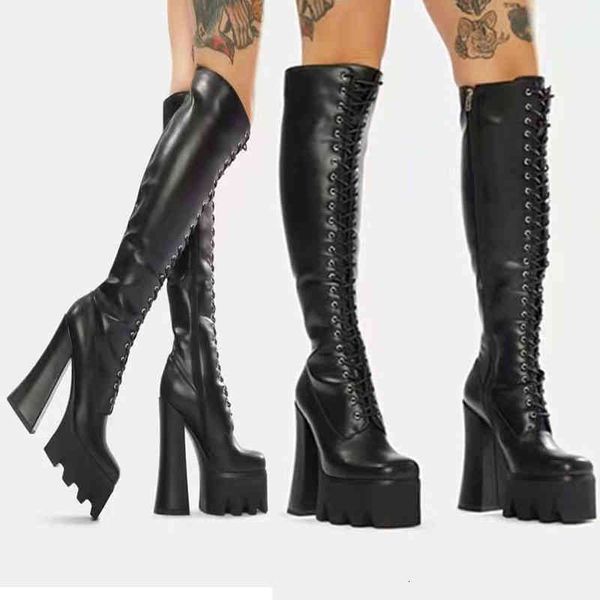 

boots thick heel high platform black over knee boots large women's shoes tube round head lace up rxco