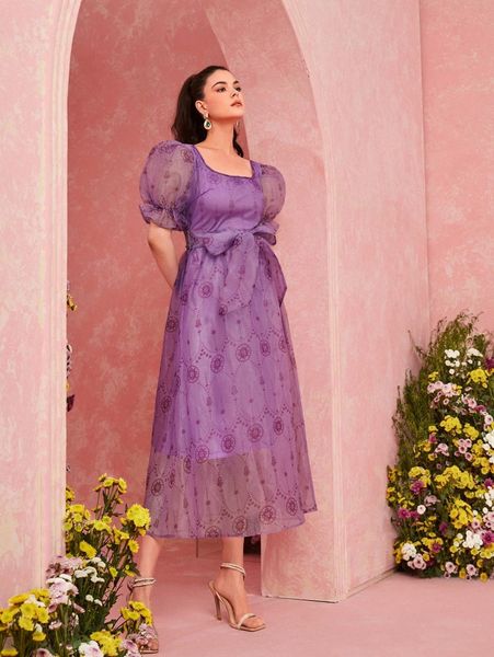 

ruffle trim self belted organza dress 48ph#, Black;gray