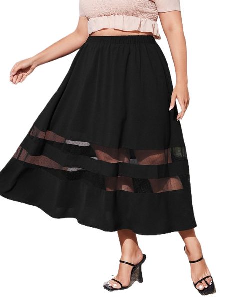 

plus dobby mesh insert flared skirt 43sa#, Black
