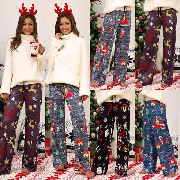 

christmas wide leg pants 4 colors comfy stretch xmas women long pants printed drawstring patchwork high waist pants ljjo7153, Black