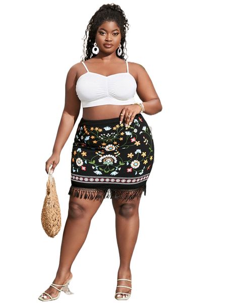 

sxy plus high waist floral print fringe hem bodycon skirt l2d7#, Black
