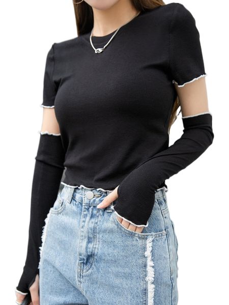 

dazy solid contrast binding lettuce trim crop tee with arm sleeves x8cs#, White