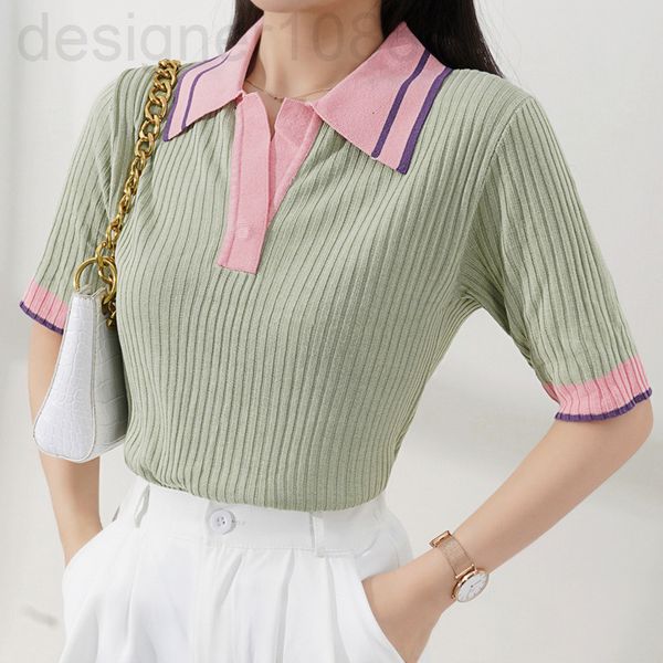 

women's knits & tees designer []summer color contrast casual polo collar loose small fresh lapel thin short sleeve sweater women's, White