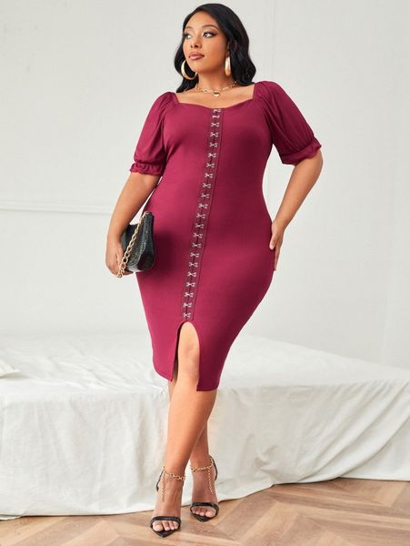 

sxy plus hook and eye puff sleeve split hem bodycon dress t9he#, Black