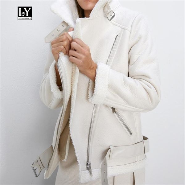 

ly varey lin winter faux lamb leather jacket women faux leather lambs wool fur collar pu moto zipper jacket warm thick outerwear 210908, Black