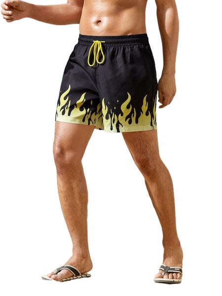 

men fire print drawstring waist shorts a2on#, White;black