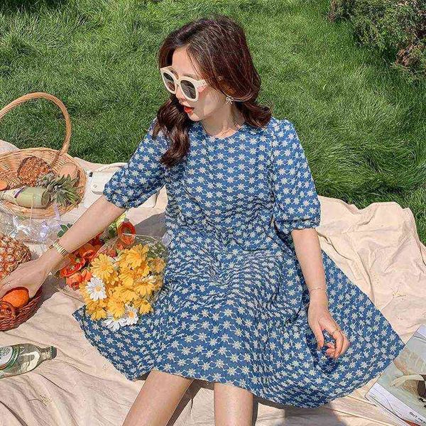

summer floral embroidery loose maternity bullpuncher dress short sleeve bow oneck pregnant woman denim dress aline dress j220628, White
