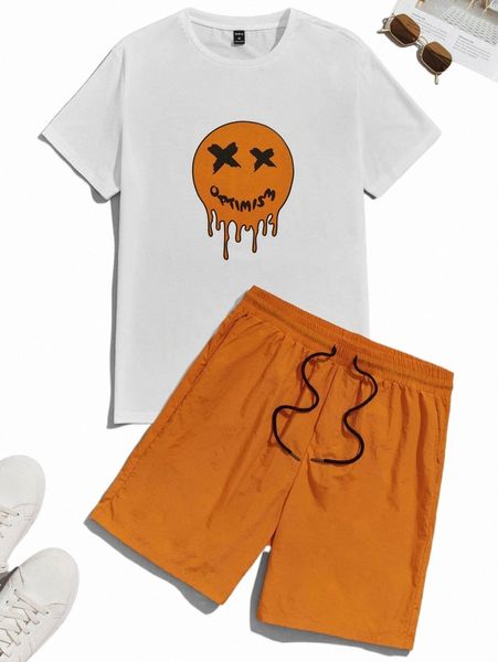 

men letter & cartoon face print tee & drawstring waist shorts c494#, Gray