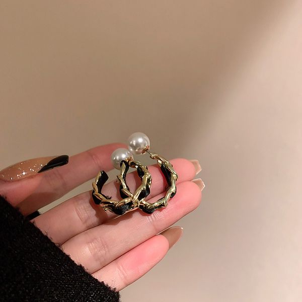 

925 silver needle fabric chain c- ring pearl earrings womens korean-style niche temperament earrings fashionable high-grade eardrop, Golden