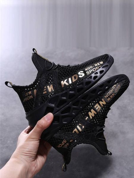 

boys letter graphic lace up decor knit sneakers she, Black