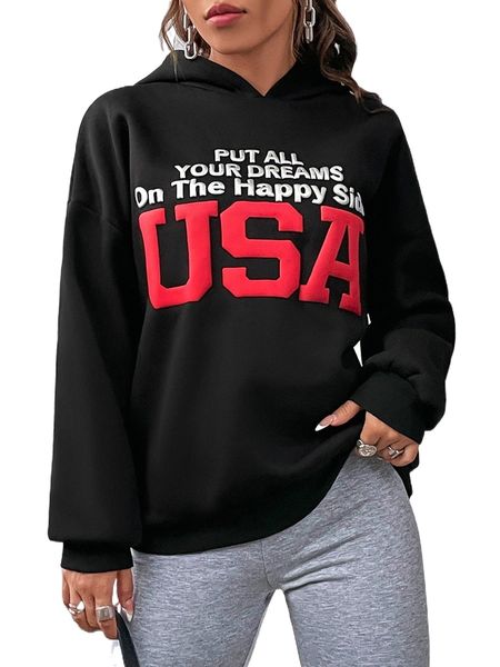 

slogan graphic drop shoulder hoodie l9b5#, Black