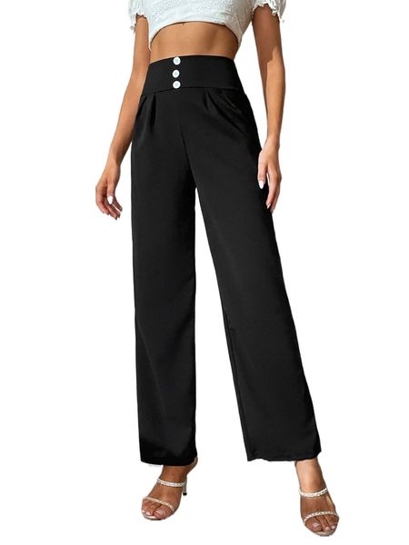 

tall fake button plicated detail wide leg pants g8vk#, Black;white