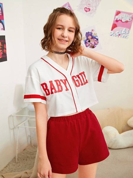 

teen girls letter graphic contrast binding blouse & shorts set she, White