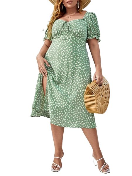 

frenchy plus ditsy floral sweetheart neck puff sleeve split thigh dress d8gu#, Black