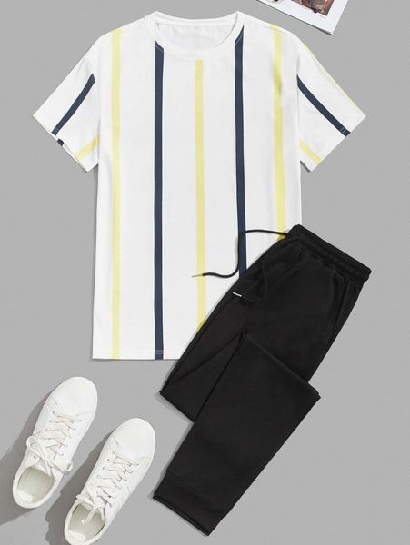 

men striped print tee & drawstring waist sweatpants g64z#, Gray