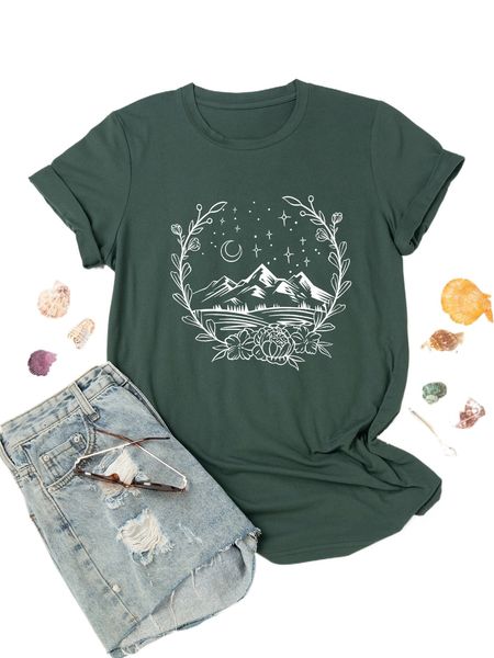 

plus mountain and floral print tee y4jz#, Black