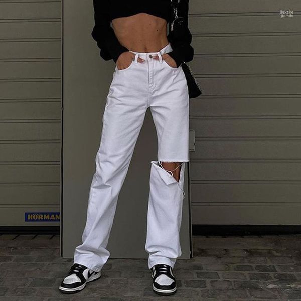 Jeans femininos White rasgou mulheres na cintura alta perna reta streetwear vintage calça jea