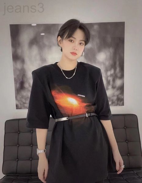 

women's t-shirt designer 22ss minority spring and summer printed round neck shoulder pad t medium long version can be matched with belt, White