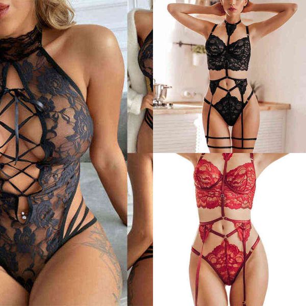 

nxy set women' underwear set embroidered lingerie see-through lace underwire gather bra garter thong three-piece suit 1125, Red;black