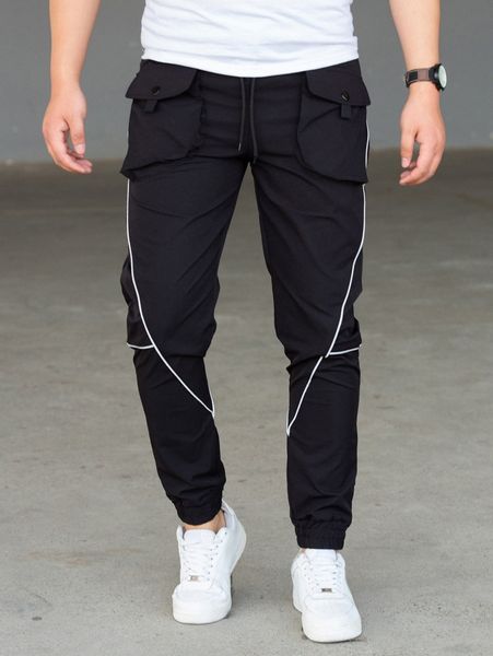 

men contrast piping flap pocket drawstring waist cargo pants 47wn#, Black