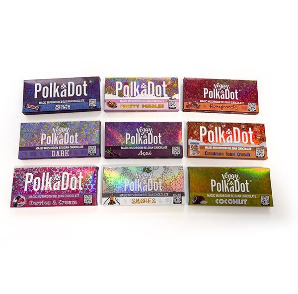 

chocolate bar packaging boxes polkadot magic mushrooms belgian chacolate packing box berries & cream acai fruity pebbles orunch coconut polk