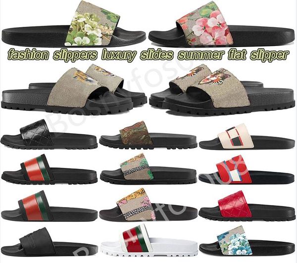 

with box men women fashion slippers luxury slides summer flat slipper trendy leather rubber sandal mens beach slide us 5-12, Black